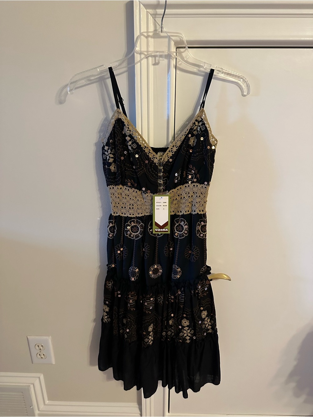 Black Floral Lace-Trim Spaghetti Strap Dress